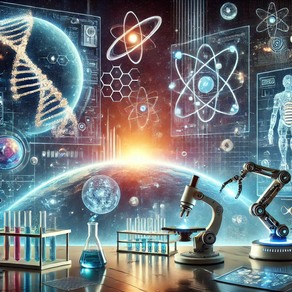 DALL·E 2025 02 28 10.14.11 A stunning futuristic science themed illustration. The image features a high tech laboratory with glowing holographic screens displaying DNA structure