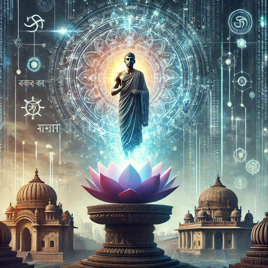 DALL·E 2025 03 01 21.12.12 An artistic representation of Thought Leadership in India. The image features an enlightened Indian philosopher or innovator standing on a lotus ped